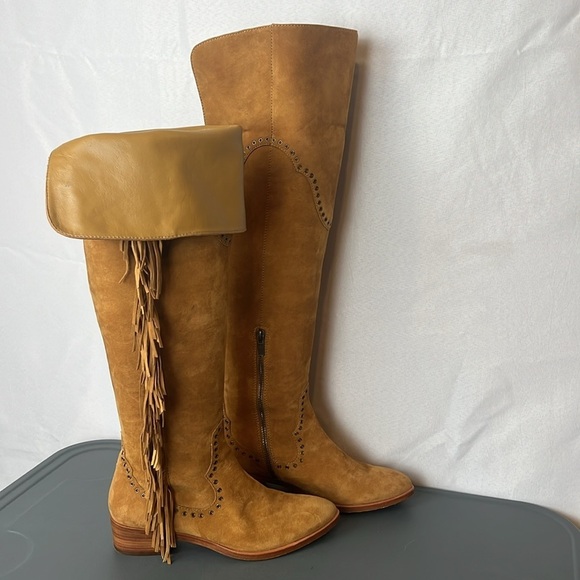 Frye Ray Fringe Over the Knee Tall Suede Grommet Pointed Toe Boots Tan 6.5 - Picture 3 of 13